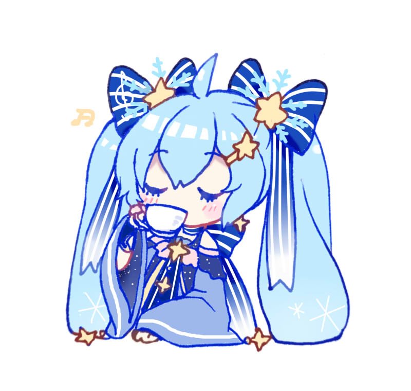 初音ミク ,雪ミク 「前話してたミルクティーを飲むトゥインクルちゃん 」|西名✨低浮上のイラスト