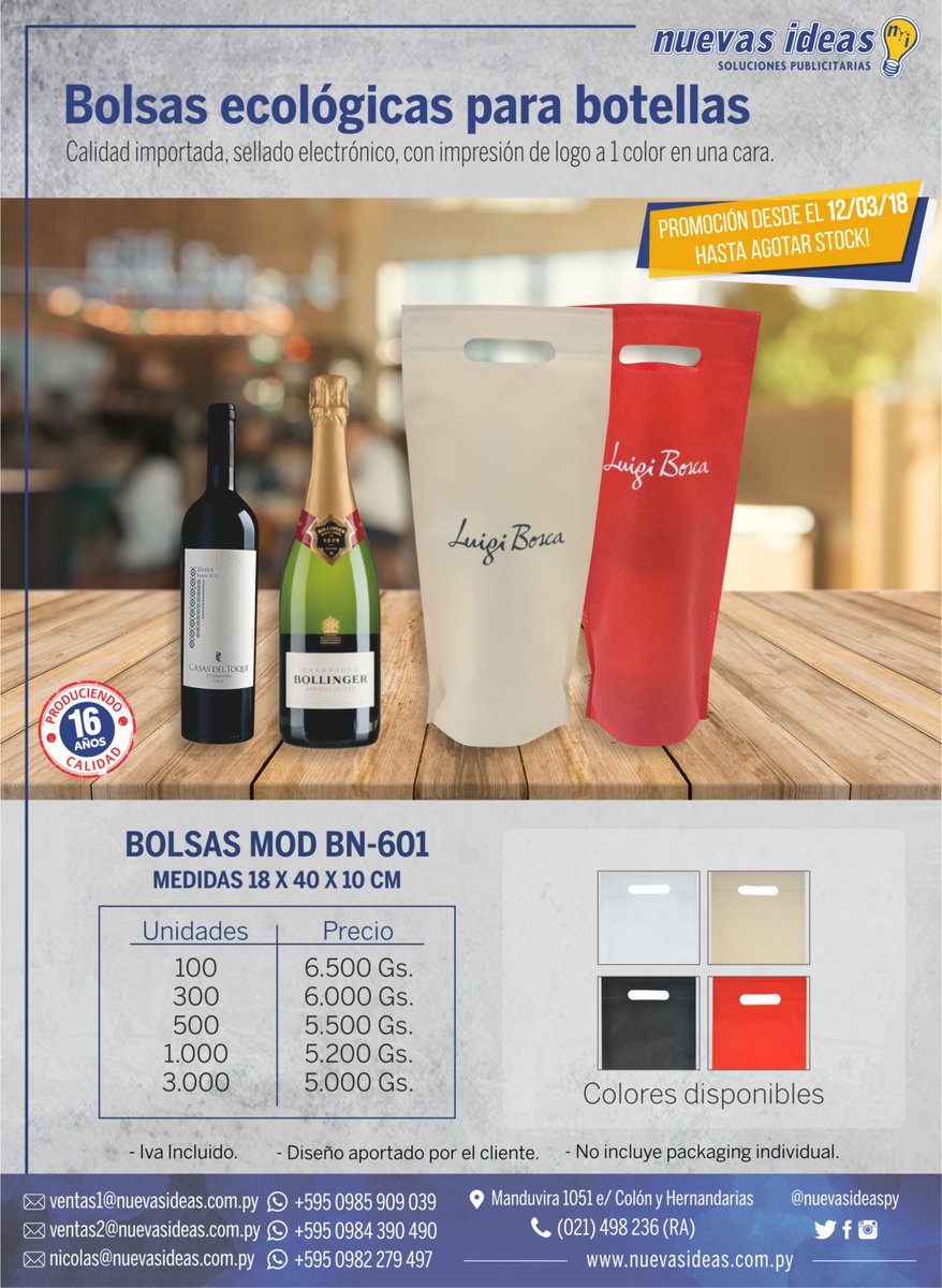 NuevasIdeasPy's tweet photo. Tenemos nuevas ofertas para vos!!!
Bolsas ecológicas para botellas con calidad importada, sellado electrónico con impresión de logo a 1 color en una cara.
Hace tus pedidos al 📞 (0984) 390 490 - (021) 498236 (RA)!
#bolsasecologicas #bolsasbotellas #nuevasideas #eventos https://t.co/eAER1qIjuh
