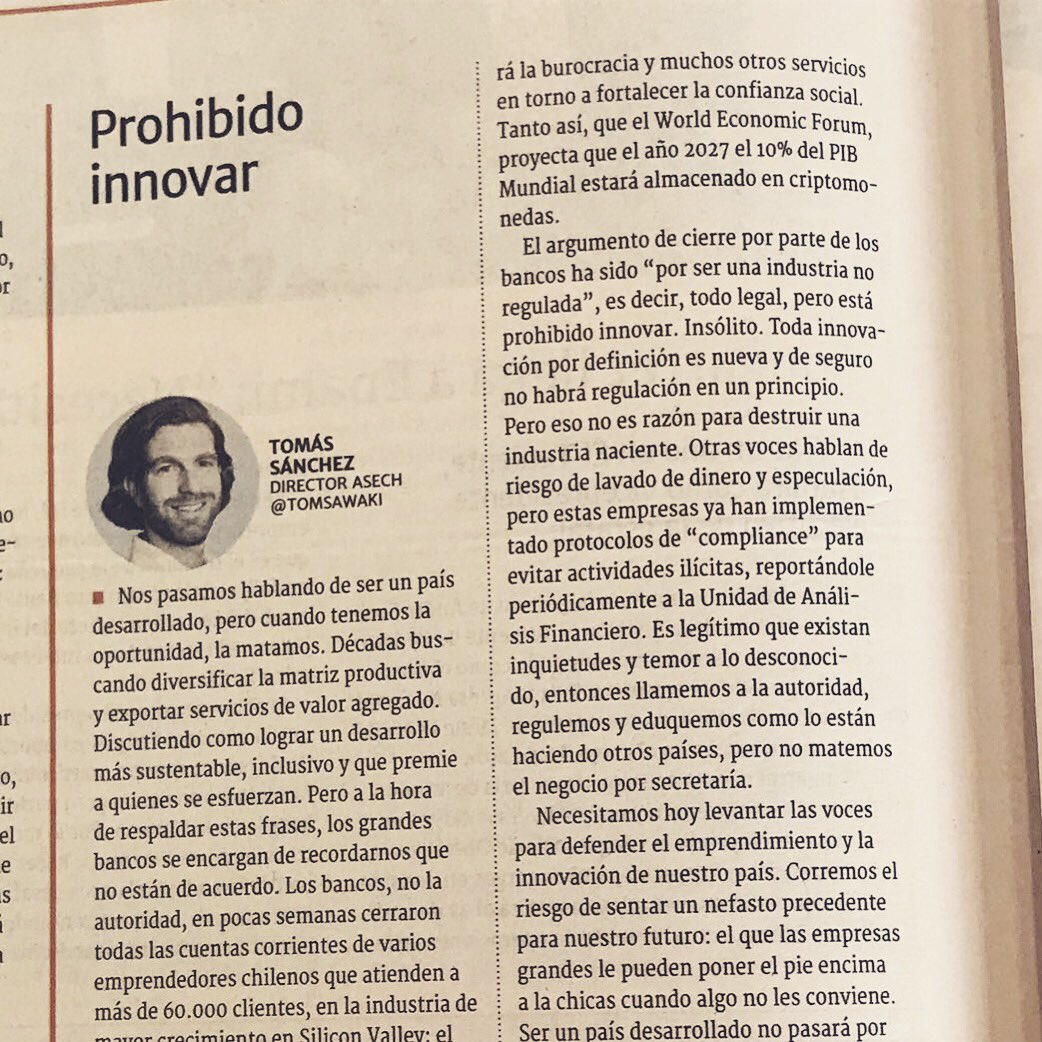 TomasSanchezV's tweet photo. Corremos el riesgo de sentar un precedente nefasto para el desarrollo en Chile, cuando los bancos le cierran las cuentas a los emprendedores en criptomonedas. Defendamos la libertad de innovar y los intereses de la sociedad #ProhibidoInnovar https://t.co/z0p5ZMuXbD https://t.co/Bp6OdwccCC