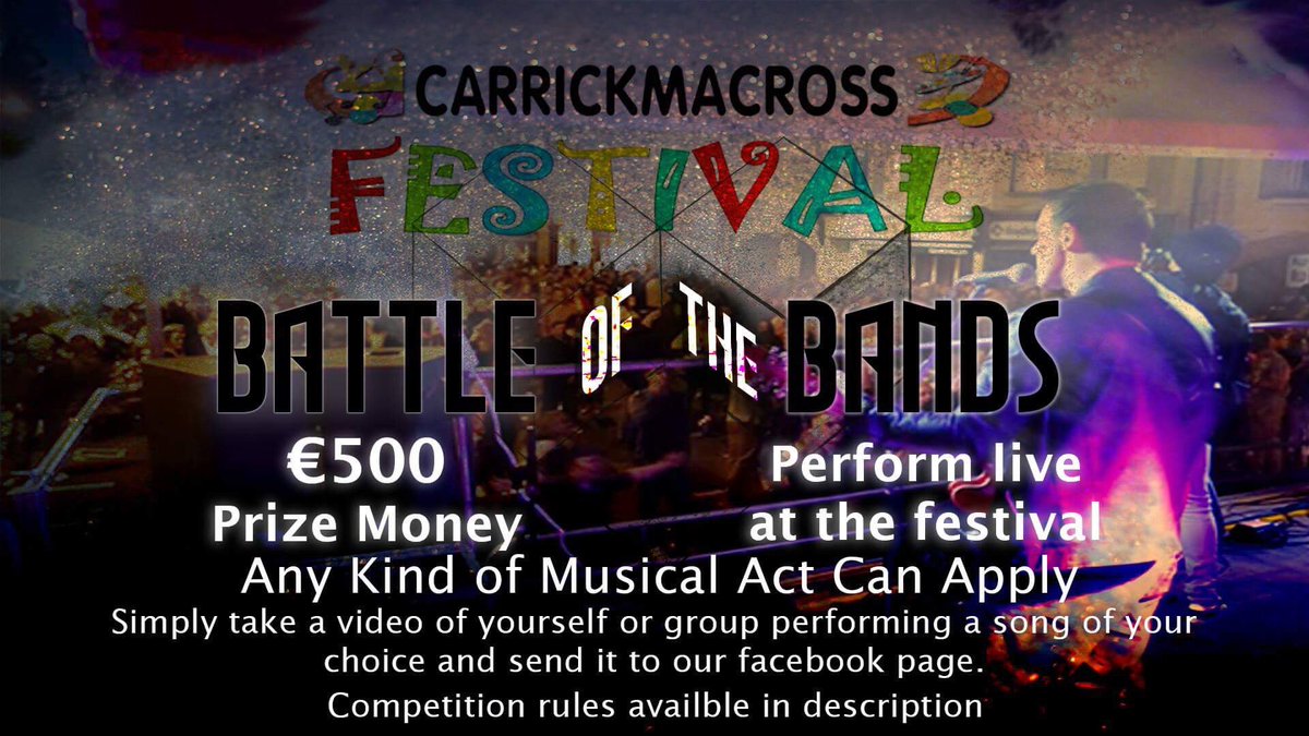 🎤🎸 #cmxfest18 #BattleoftheBands 🥁🎹

Would you like to receive
€500 and the chance to perform live on the main stage at this years festival?

Then simply send our Facebook Page a video of yourselves performing your favorite song!
Full T&amp;C’s on facebook.com/CarrickFestival.
#bands