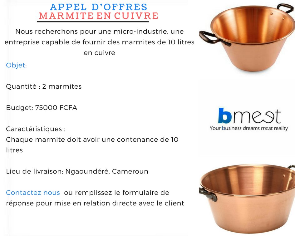 Bmeet_'s tweet photo. NOUVEL APPEL D'OFFRES: MARMITE CUIVRE ( Industrie )

Si cet appel d'offres vous intéresse, veillez remplir le formulaire suivant : https://t.co/HHJouIYD2V

Ou nous contacter en inbox pour les modalités denvoie de tous les contacts du client
#bmeet #cameroun #pro #B2B https://t.co/5N6E2yOcgN