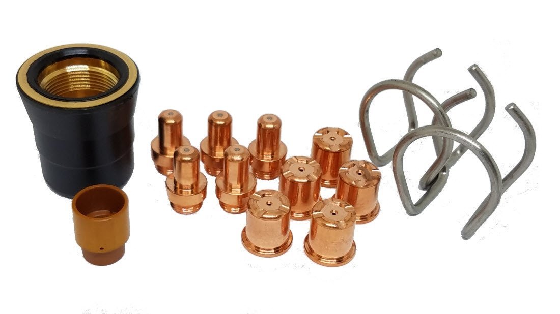 Kit 14pcs VERSA CUT 60 #20283 By Trafimet. 5 pcs PR0063 Electrode CB70 (1402)
5 pcs PD0088-10 Tip CB50/70 1.0mm long life (1396) Max 50amp
1 pcs PC0032  Retaining cup  CB70
1 pcs PE0007  Swirl Ring HY40/CB50/70/90
2 pcs CV0010 Stand off Spring S45/CB70/BZ60/80/121