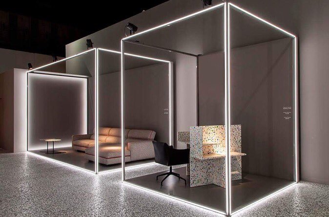 Poltronafraume's tweet photo. Cappellini @ Milan Design Week 2018: a selection of our new collection @ Rho Fiera stand in a scenery made of vivid and white neon light to emphasize the stylistic language of this project and add value to the textures used at the surface. https://t.co/u998hz789l