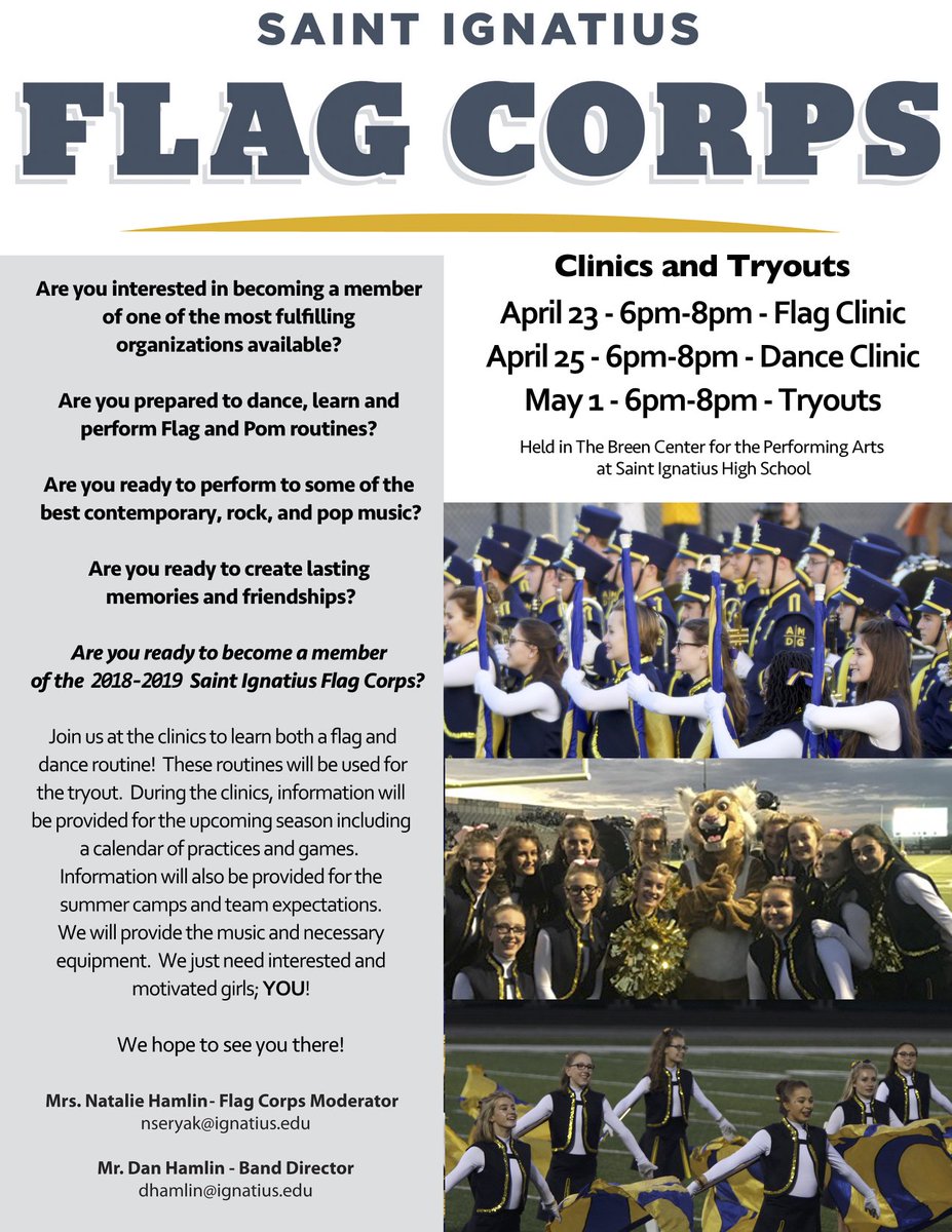 IgnatiusBand's tweet photo. #FlagCorps Clinics and Tryouts are coming up fast! We hope to see you there! https://t.co/SuS4qfpqUC