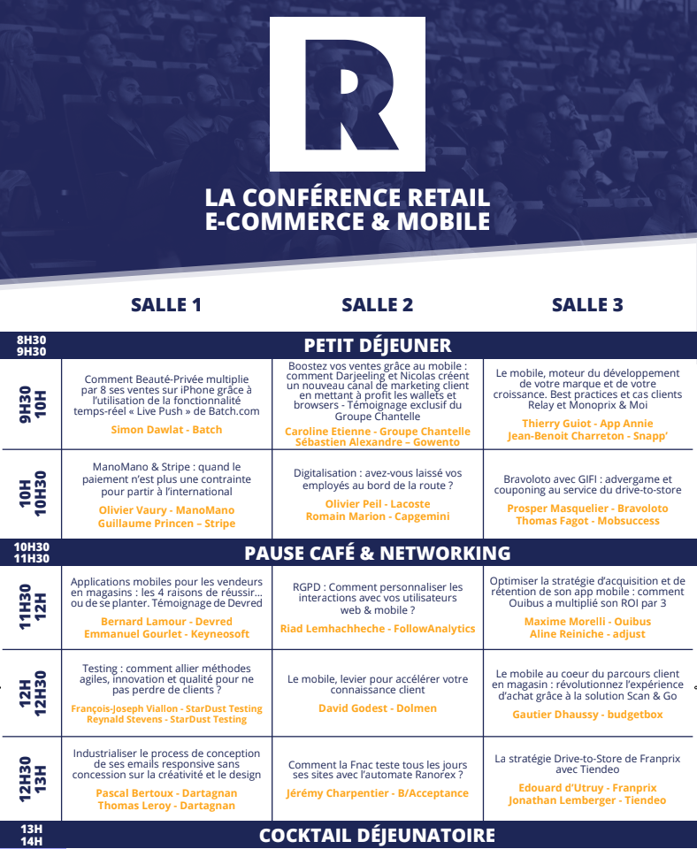 RetMoFr's tweet photo. [ RetMo : programme du matin ]

15 conférences, 25 speakers, 1 pause café &amp; networking, 1 cocktail déjeunatoire.

Avec, entre autre, @AppAnnieFR, @capgeminifrance, @adjustcom, @budgetbox &amp; @TiendeoFrance !

Programme complet sur https://t.co/18a7JDs2cu https://t.co/sLFPbMOUhr