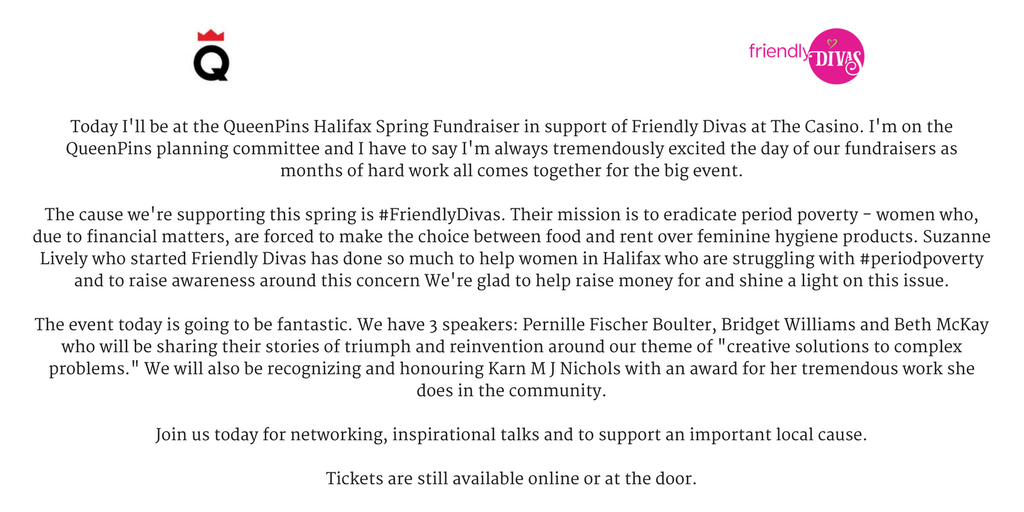 KO_Social_Media's tweet photo. I'll be at the @QueenPinsHFX fundraiser for @friendlydivas. Looking forward to listening to speakers @BethAMcKay, @karnnichols, @PFB6 and Bridget Williams. You can get ticket at https://t.co/Uo2a7hiqSC or at the door. See you there.
#QueenPinsHFX #PeriodPoverty #FriendlyDivas https://t.co/PPHlWBzeQx