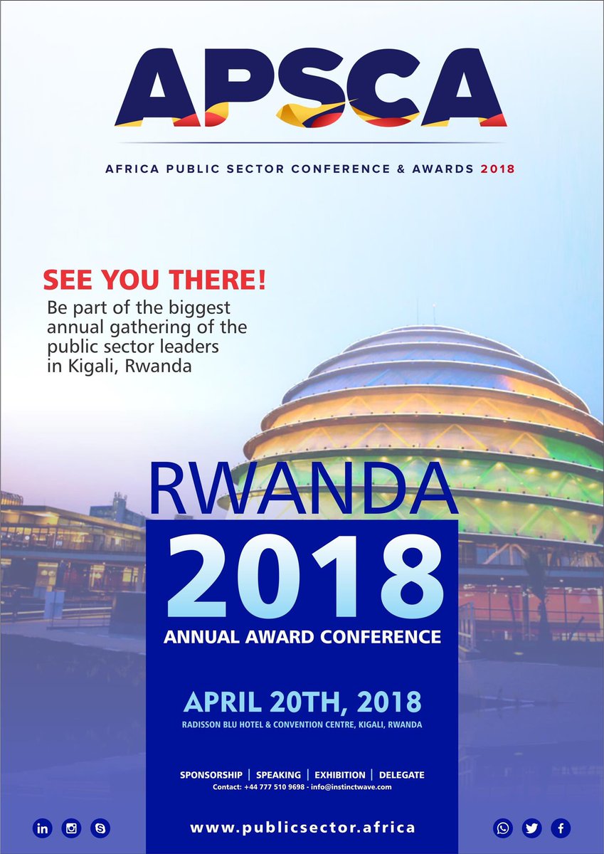 Rwanda to host the Africa Public Service Conference &amp; Awards tomorrow 20th at the <a href="/RadissonKigali/">Radisson Blu Kigali</a>. 

Theme: Re - Inventing the Public Sector for Growth. #APSCAwards18

Top 50 Africa Public Sector Leaders to be unveiled.