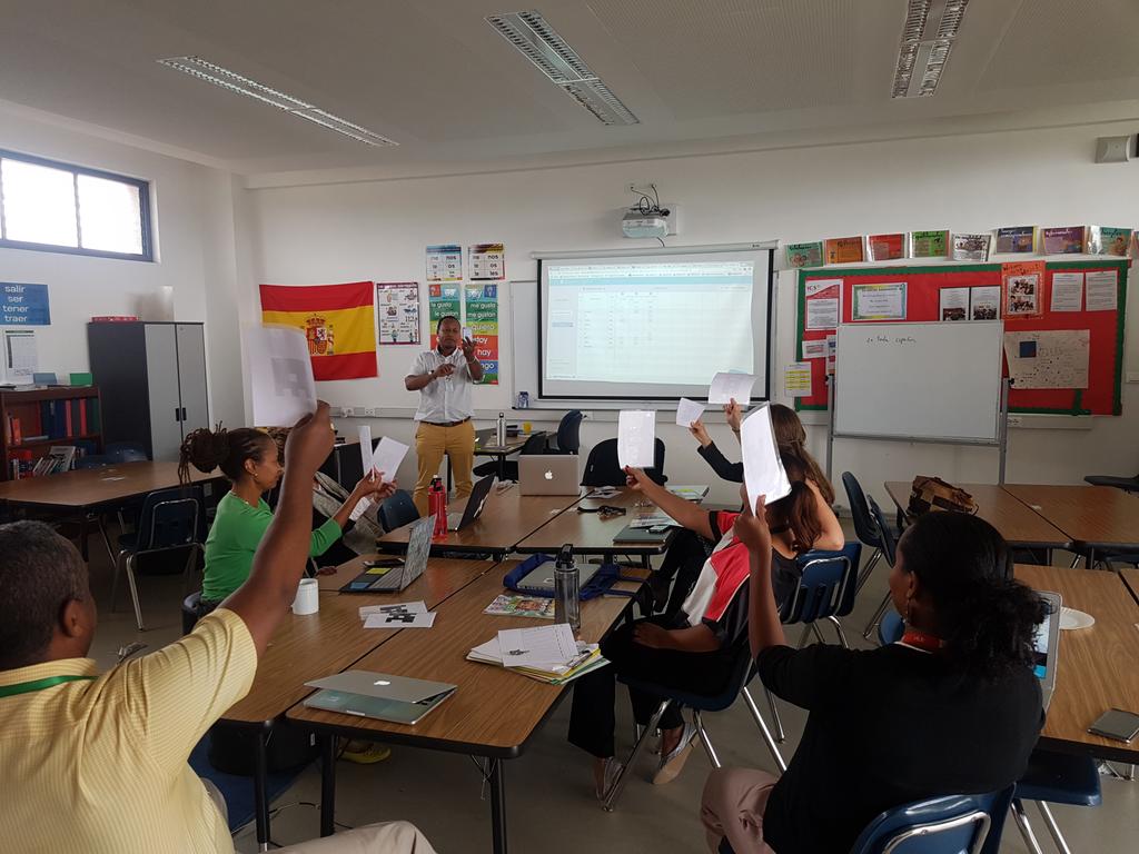 Tomas_NB's tweet photo. @GoliadTamerou shares current best practices during our PLC time. #plickers #ICSWLD @ICSAddis @teachmrj https://t.co/sWf3aSrE60