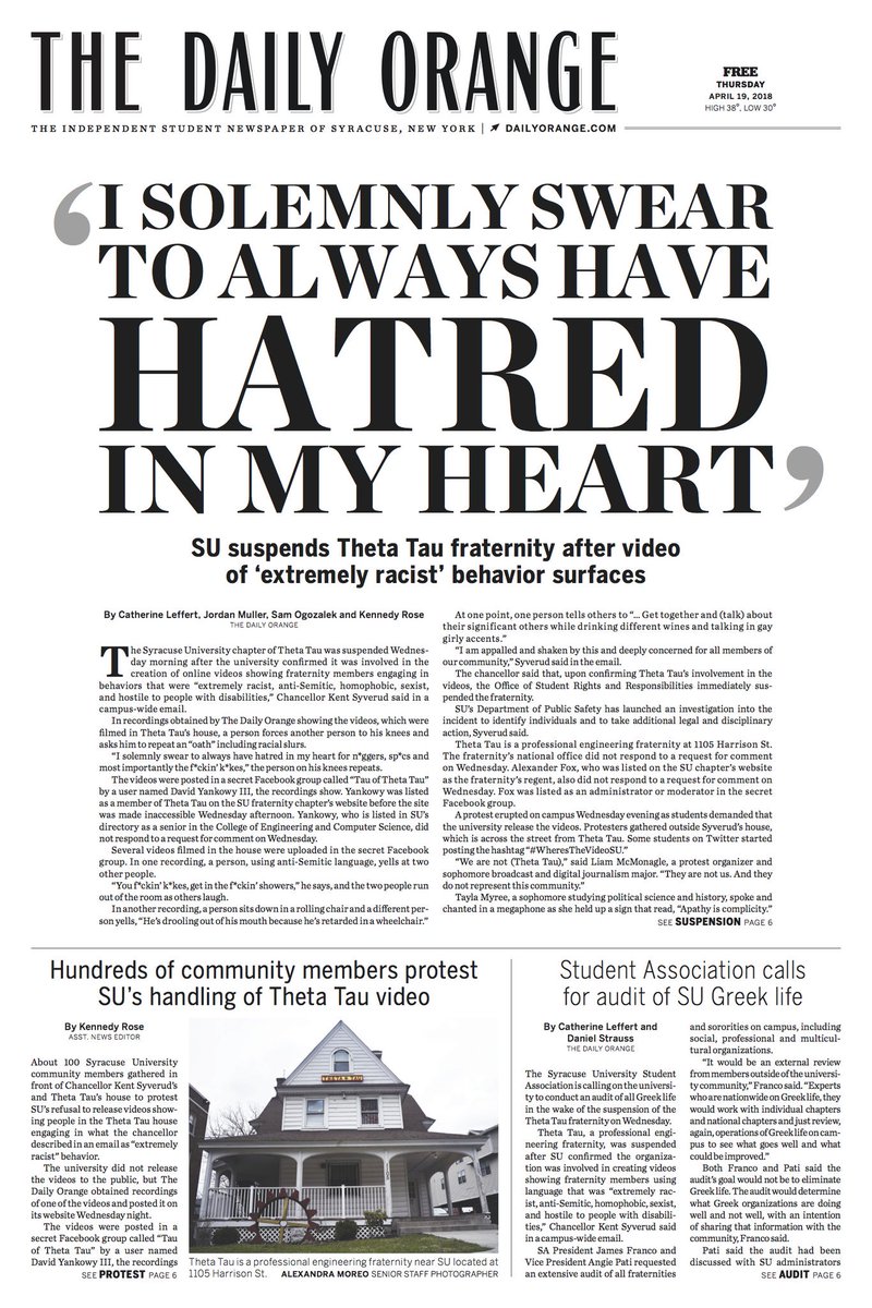 StudentMediaArt's tweet photo. The hammer says it all.

Powerful investigative reporting from the @dailyorange after 'Cuse independent student newspaper obtained fraternity video, recordings showing what the university chancellor called "extremely racist" behavior: https://t.co/FXwgllgGY5 https://t.co/z3Q1aO0N74