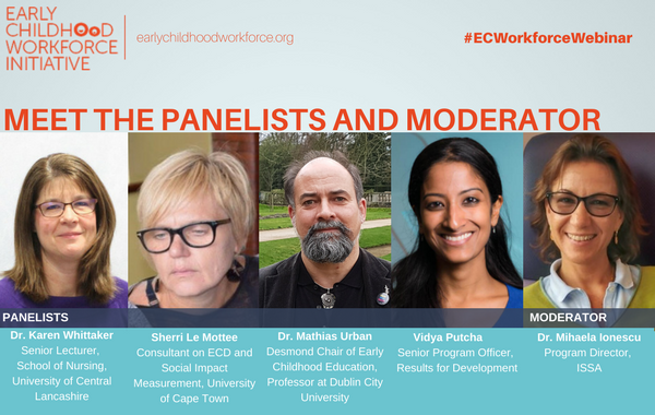 ECWorkforce's tweet photo. Do you know the panel of experts for the #ECWorkforceWebinar?
@ISSA_ECD's @M__Ionescu, @kwhittaker1, Sherri Le Mottee, @Froebelbanjo and @results4dev’s Vidya Putcha are joining us to chat about #competences and #standards right now! https://t.co/chWJWKvWDr