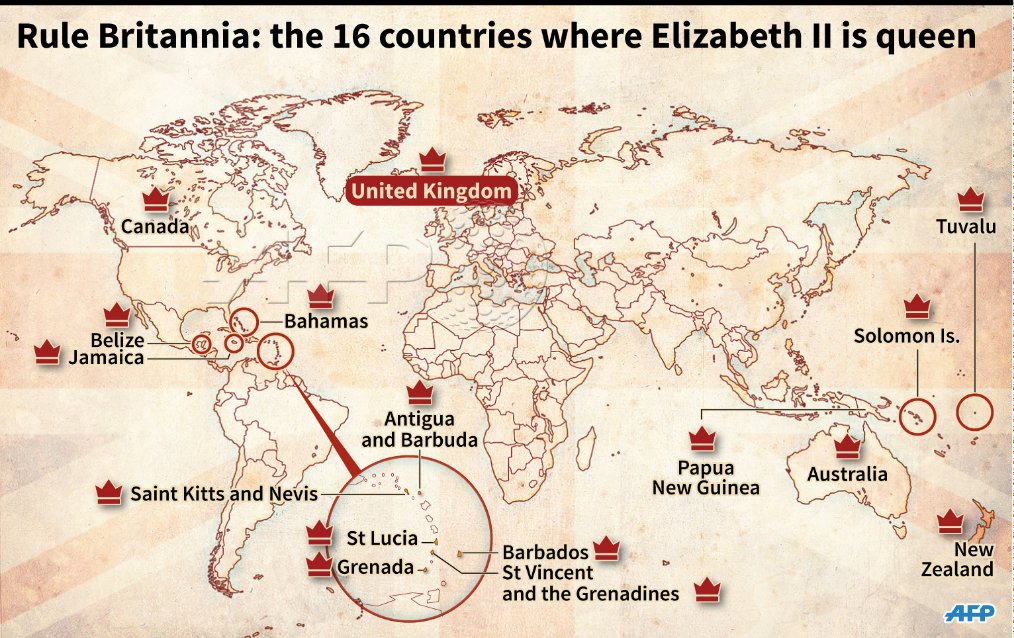 World map locating the 16 countries where Elizabeth II is queen
