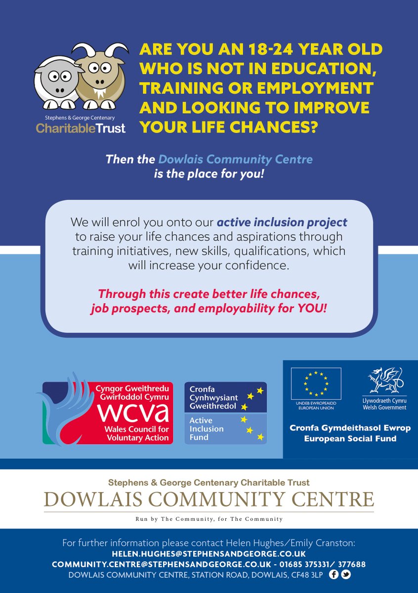 BabyBookwormsMT's tweet photo. Are you an 18-24 yr old who is not in education, training or employment and looking to improve your life chances. At #DCC we'll enrol you onto our active inclusion project @WCVA_AIF to raise your life chances and aspirations. Contact Helen/Emily 01685 375331. #EUfundsCymru https://t.co/33IPWThnDZ
