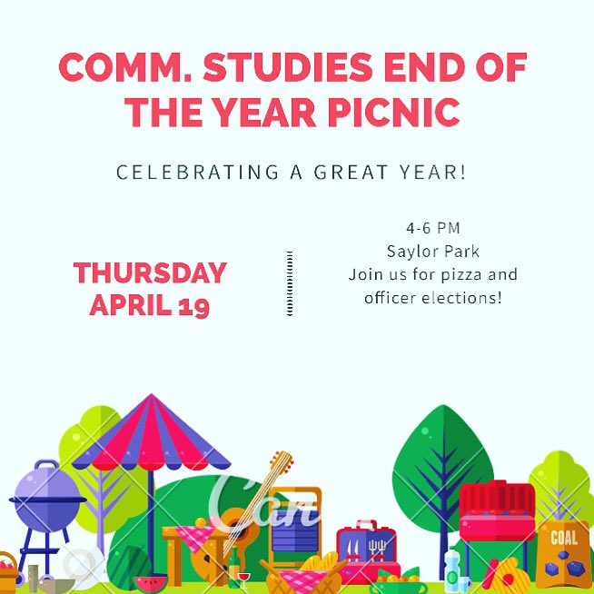 CommStudiesClub's tweet image. Don’t forget to come out this afternoon from 4-6 for the annual Comm. Studies picnic! There will be pizza, corn hole, music, &amp;amp; officer elections for next school year! Can’t wait to see you there!