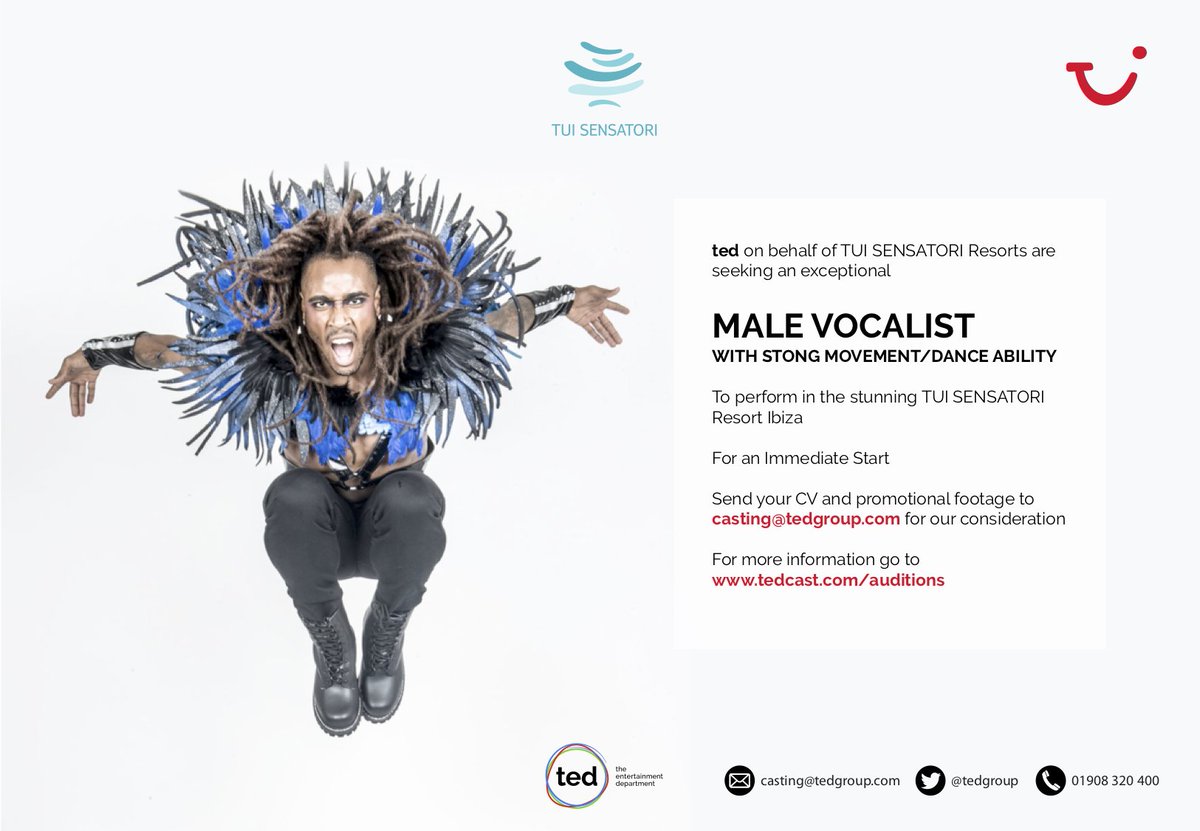 tedgroup's tweet photo. **Casting Announcement**

ted on behalf of TUI SENSATORI Resorts are looking for strong
Male Vocalists (who can dance well)
 
This is a PERFORMANCE ONLY role with an IMMEDIATE START

For audition requirements, please visit https://t.co/vsEtFVUJ2b.
#Gottadance #Sensatori #tedcast https://t.co/ixSoNdOFGF