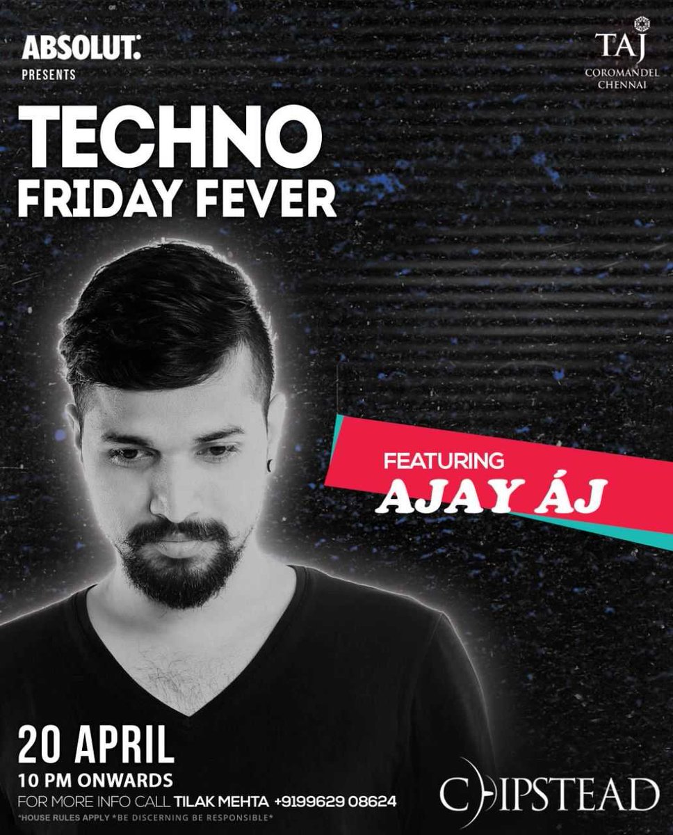 taj_coromandel's tweet photo. Join us for the Friday night fever at #Chipstead with DJ Ajay AJ. For more information call - Tilak Mehta +91 9962908624.
#TajCoromandel https://t.co/c1fhkAYoHx