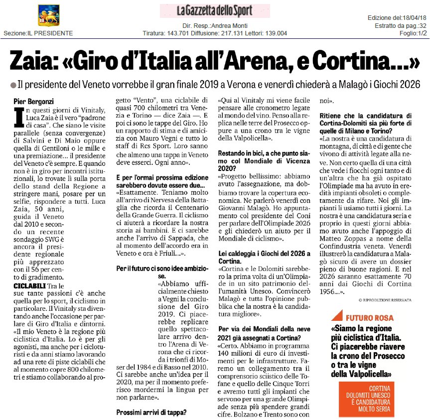 Il <a href="/giroditalia/">Giro d'Italia</a>​, i mondiali di ciclismo a Vicenza, i mondiali di sci di Cortina 2021, ora la Candidatura per le #Olimpiadi2026... Il Veneto sportivo non può e non deve restare indietro! La mia intervista a <a href="/Gazzetta_it/">La Gazzetta dello Sport</a>