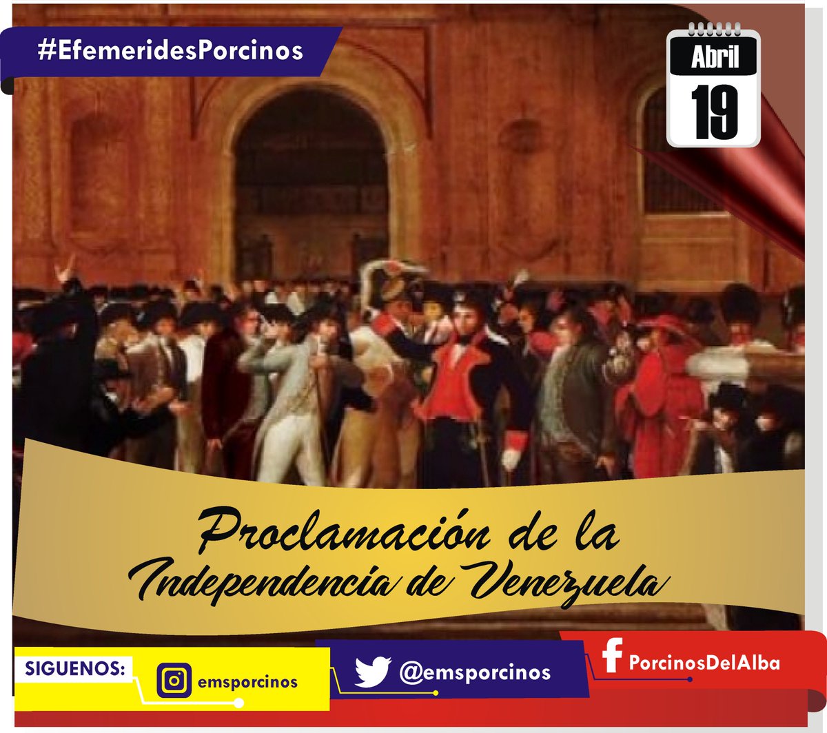 #19Abri Hoy se cumplen 208 años de aquel 19 de abril de 1810 donde nuestra amada patria dio paso a la firma del acta de Independencia, hecho definitivo para liberar a Venezuela del yugo español, porque nuestra Venezuela es Tierra y Hombres Libres.  @MinPPAPT @NicolasMaduro