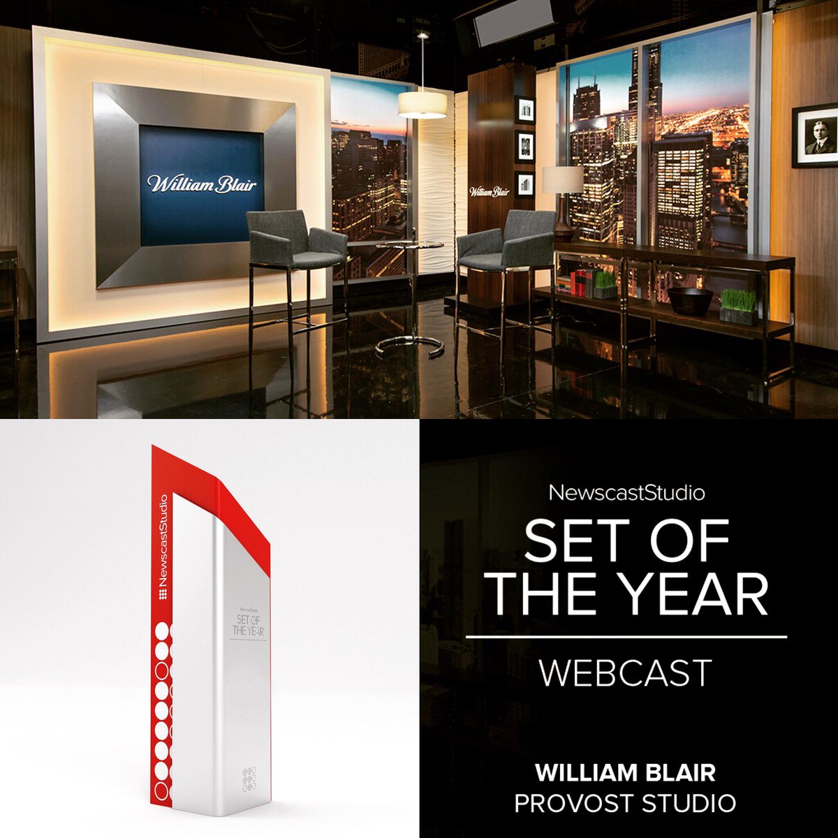 PrimeviewUSA's tweet photo. Primeview is thrilled to be a part of @newscaststudio's #SetofTheYear (#Webcast). Outstanding work by partners @ProvostStudio design and Chicago Scenic Studios' fabrication. Together, we blended the William Blair financial firm’s need for a branded but approachable environment! https://t.co/ii3QQpe8AX