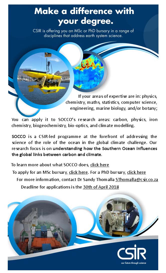 Apply by 30 April 2018 for these amazing #postgraduate opportunities in Cape Town 
MSc Scholarships bit.ly/2qIHYq7
PhD Scholarships bit.ly/2HdmZC4
#SouthernOcean #Climate #EarthSystemScience
