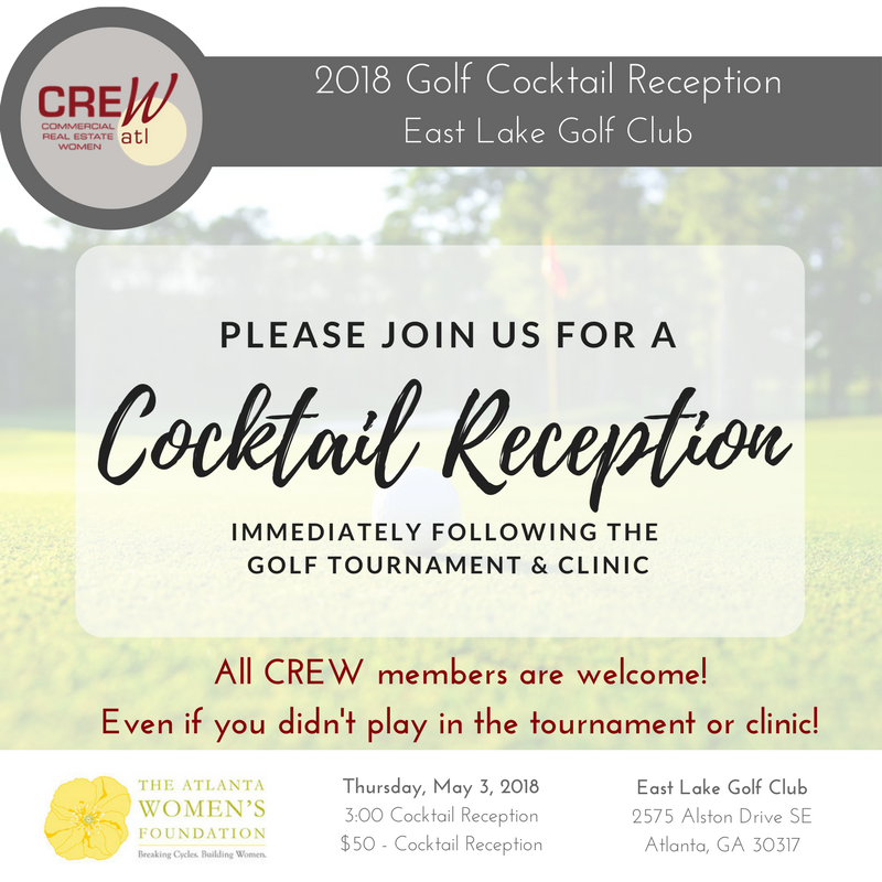 crewatlanta's tweet photo. Come to our Charity Golf Reception at 3PM on May 3rd! Tickets are $50 and proceeds benefit Atlanta Women’s Foundation. All CREW Members are welcome even if you didn’t play in the tournament or clinic. #CREWatl #CRE #CREWlovesAWF #GolfWithAPurpose #CREWGolfTournament2018 #AWF https://t.co/pIXXHu7k0L
