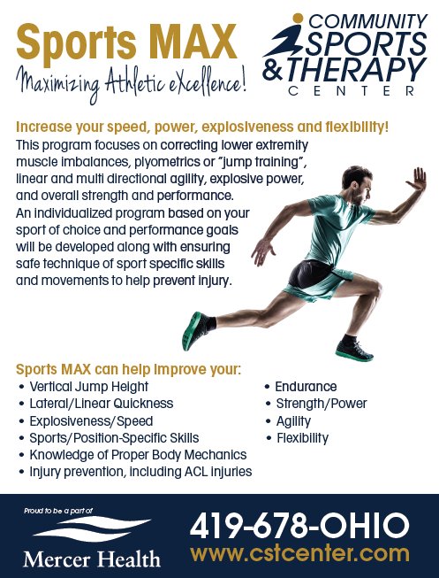 It's the perfect time to improve your strength and stability for the upcoming sports seasons. Contact Jessica Woeste at 419-678-5125 or jwoeste@cstcenter.com or your Athletic Trainer to sign up today!! #SportsMAX #AthleticPerformance #SportsEnhancement #InjuryPrevention