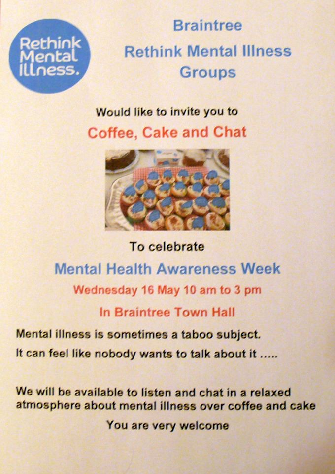 EPUTNHS's tweet photo. What are you doing 16 May, 10-3? To celebrate #MentalHealthAwarenessWeek
@Rethink_ #Braintree are hold a coffee, cake &amp; chat event at Braintree Town Hall.
#mentalhealth https://t.co/fIJai4jAvN