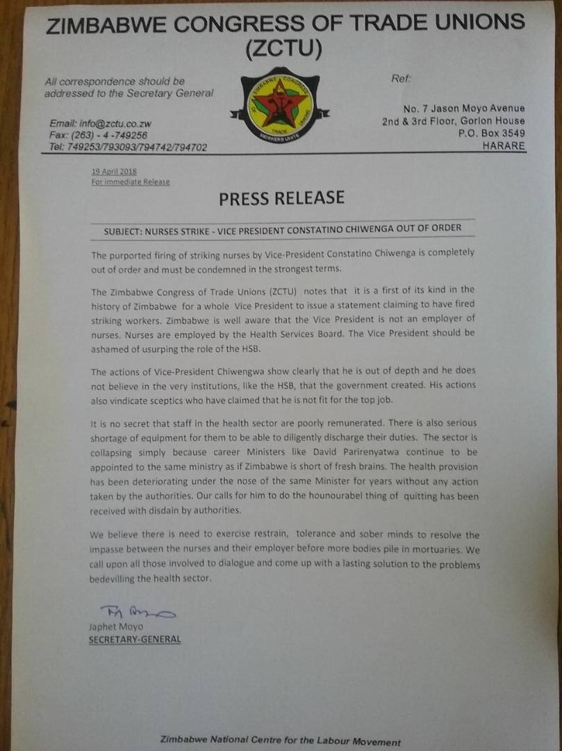 DougColtart's tweet photo. Zimbabwe Congress of Trade Unions (@ZctuZimbabwe) Press Release on VP Chiwenga’s purported firing of striking nurses calls it a “first of its kind in the history of Zimbabwe” that vindicates sceptics who feel his not fit for the job. #DearVP #BringBackOurNurses https://t.co/qJZCJXh23K