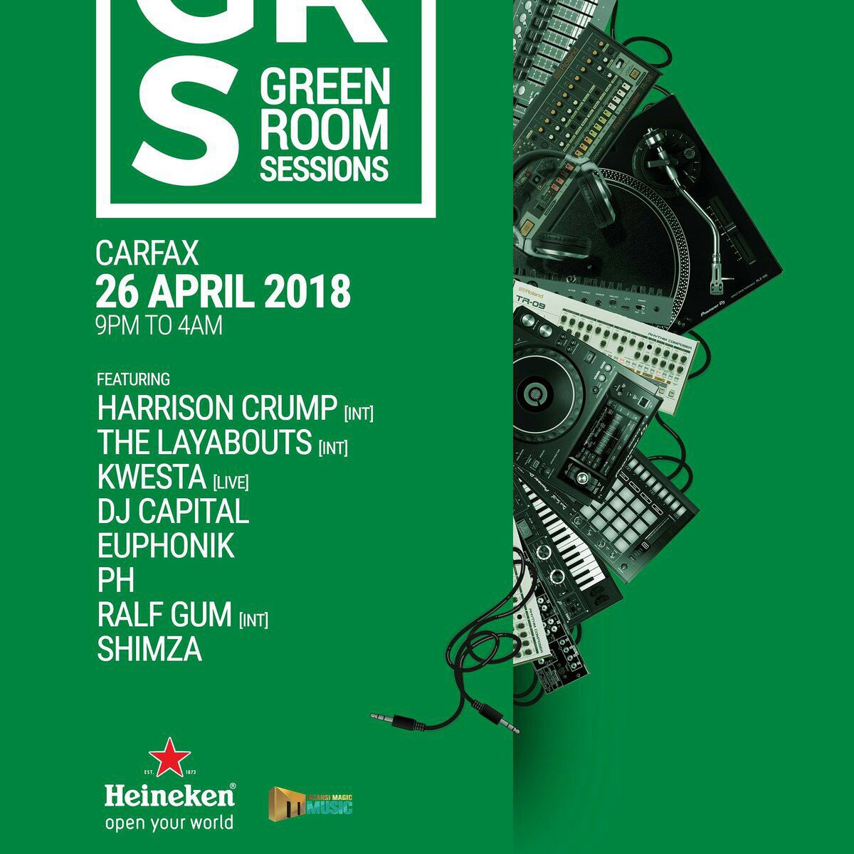 #HeinekenGreenRoom 
Featuring : 

✈️ International Acts : 
<a href="/HarrisonCrump/">Harrison Crump</a> 
<a href="/thelayabouts/">The Layabouts</a> 
<a href="/RalfGUM/">Ralf GUM #Progressions</a> 

📍 Local Acts :
<a href="/DJCapital90/">Deejay</a> 
<a href="/euphonik/">Euphonik™♛</a> 
<a href="/iam_ph/">EKSE PH 🗣Awu Faki Volume boi</a> 
<a href="/Shimza01/">SHIMZA</a> 

🎤 Live : <a href="/KwestaDaKAR/">Bhut’ Kwesta</a>