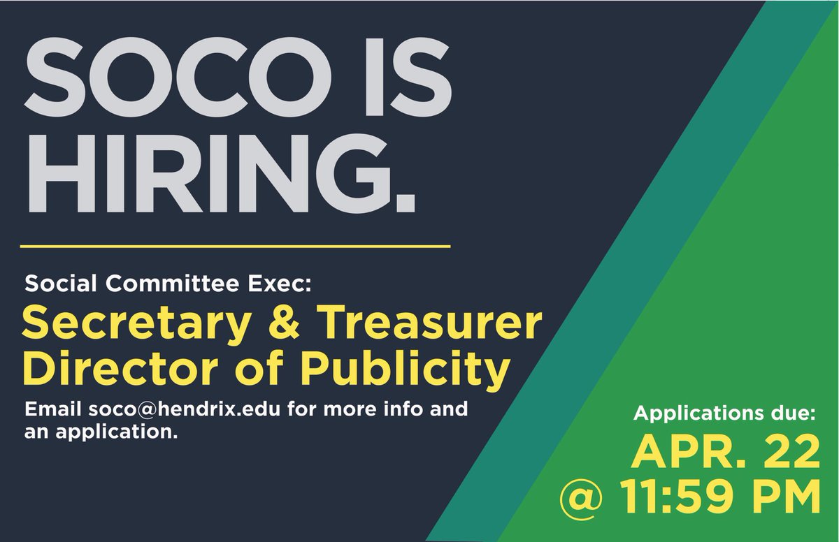 hdxsoco's tweet photo. Want to be on SoCo’s exec team? Well now’s your chance! Apply to for our Secretary/Treasurer or Director of Publicity positions. Email SoCo@hendrix.edu for an application and more information. Apps are due Sunday, April 22 at 11:59 pm. https://t.co/QRwMP6E4SA