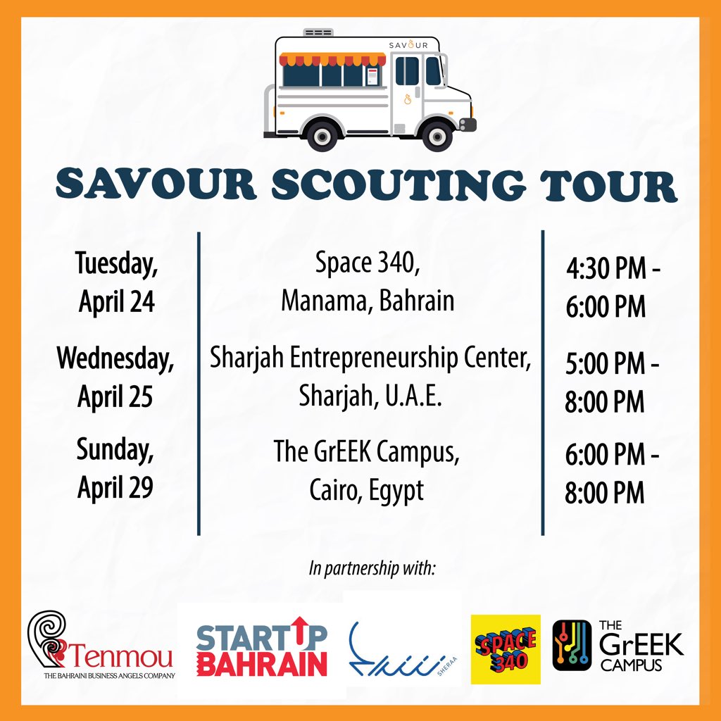 SavourVentures's tweet photo. Hello Manama, Sharjah, and Cairo! If you're a startup involved in the food industry and interested in joining an accelerator, join us to find out how Savour can help you grow your business. #SavourScoutingTour https://t.co/5lPQCT2Fsh