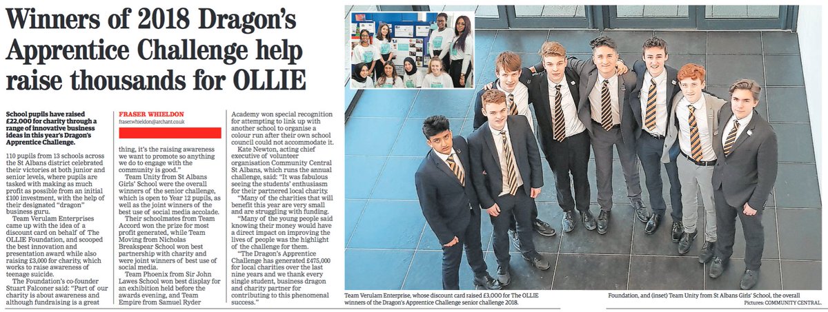 The St Albans <a href="/DragonsApp/">Dragons' Apprentice</a> #VerulamEnterpriseTeam featured in this week's <a href="/hertsad/">Herts Advertiser</a>. Well done for raising lots of money for a great charity <a href="/THE_OLLIE_FOUND/">The OLLIE Foundation</a>! Managing Partner, John Acton, was delighted to act as Team Dragon! #Proud