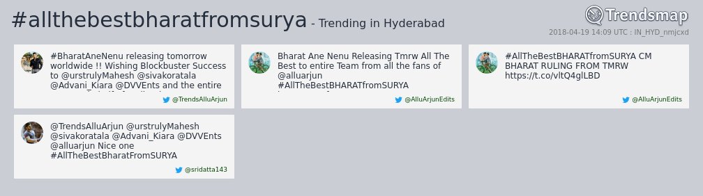 TrendsHyderabad's tweet photo. #allthebestbharatfromsurya is now trending in #Hyderabad

https://t.co/4h0497vAZ6 https://t.co/4oINO1aQJl