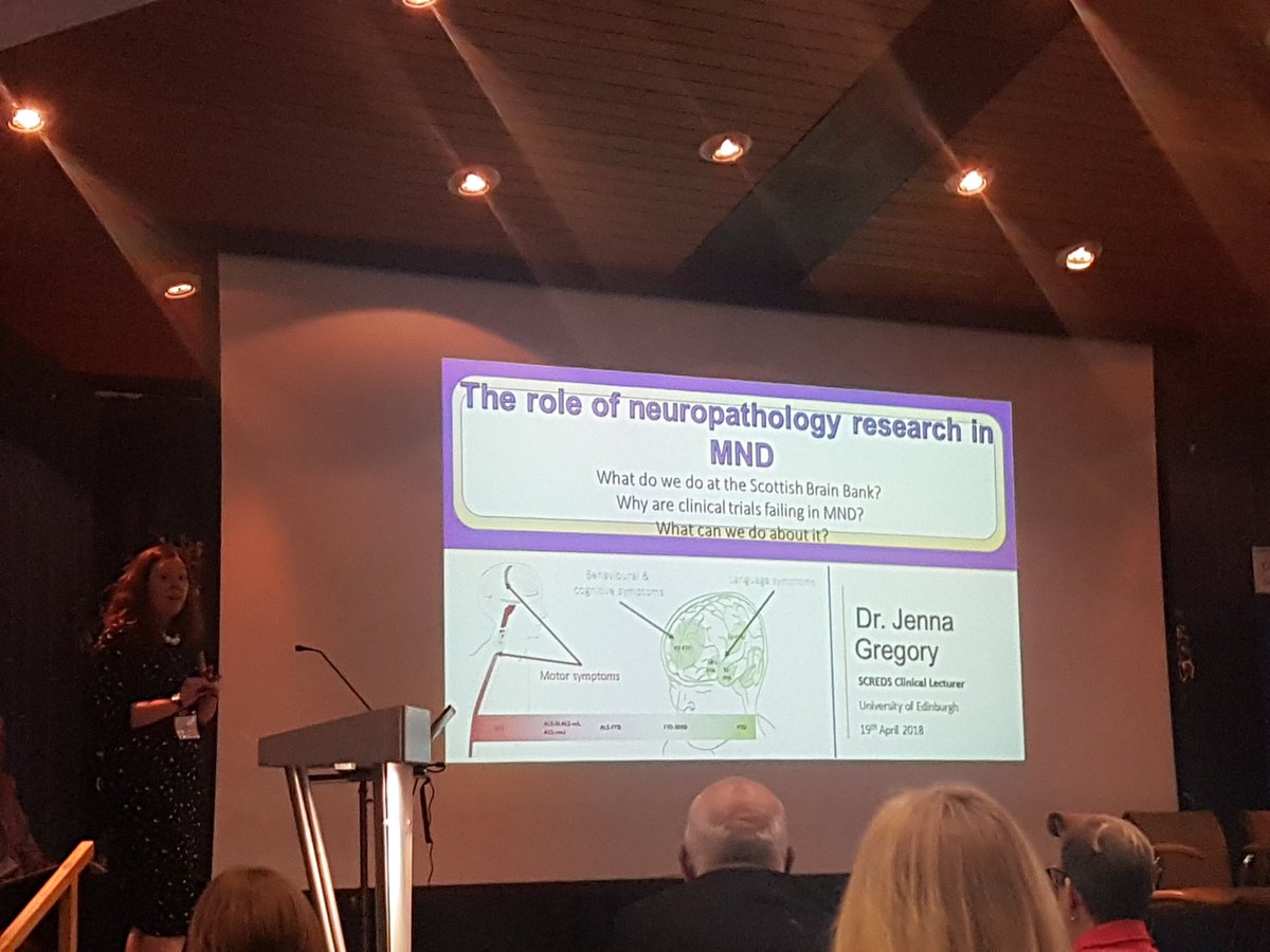 NHSResearchScot's tweet photo. Dr Jenna Gregory, @EdinburghUni, gives the last #speedpresentation of the day on how the Scottish Brain Bank assists in #MND research in Scotland. #ScotNeuro18 https://t.co/DUEq7HduKu