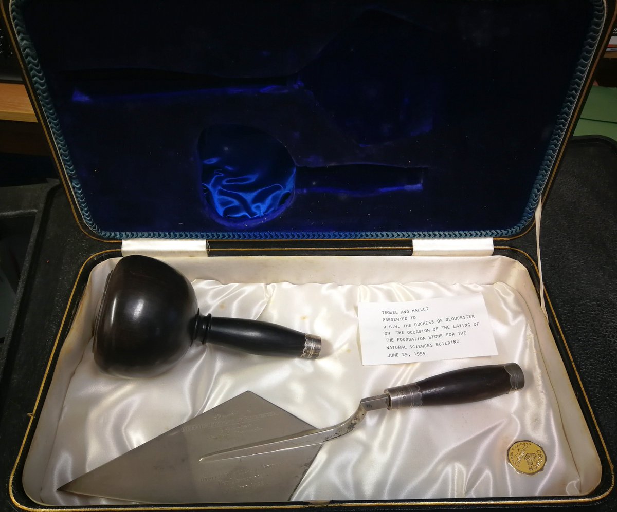 SwanUniArchives's tweet photo. #Archive30 Day 19. As part of our preparations for @swansea2020 we've discovered our #favouritetool. A trowel and mallet presented to the Duchess of Gloucester to lay the foundation stone for the Natural Sciences Building @SwanseaUni (now Wallace) in 1955 https://t.co/ldpTzvqPqH