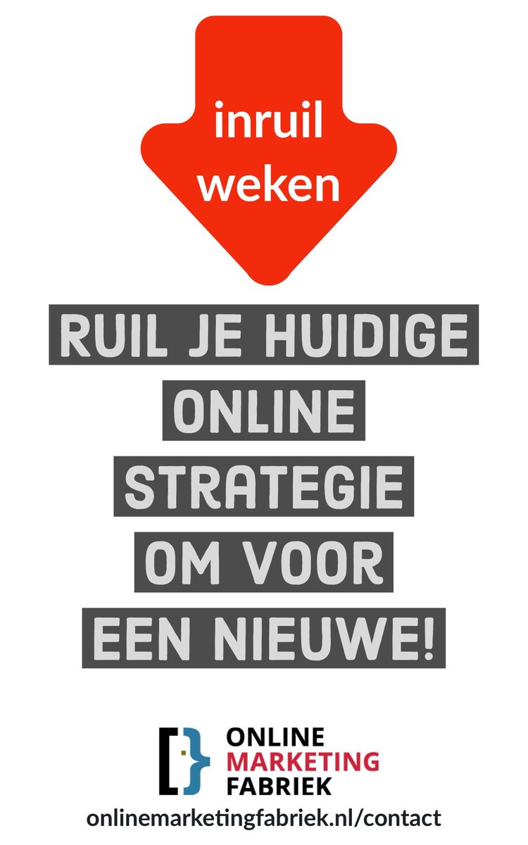 Vanaf vandaag is het inruilweken. Ruil je huidige online strategie in en krijg er een nieuwe voor terug. Ben je bijvoorbeeld wel toe aan een nieuwe manier van leadgeneratie, lever dan je oude aanpak gewoon bij ons in. onlinemarketingfabriek.nl/contact