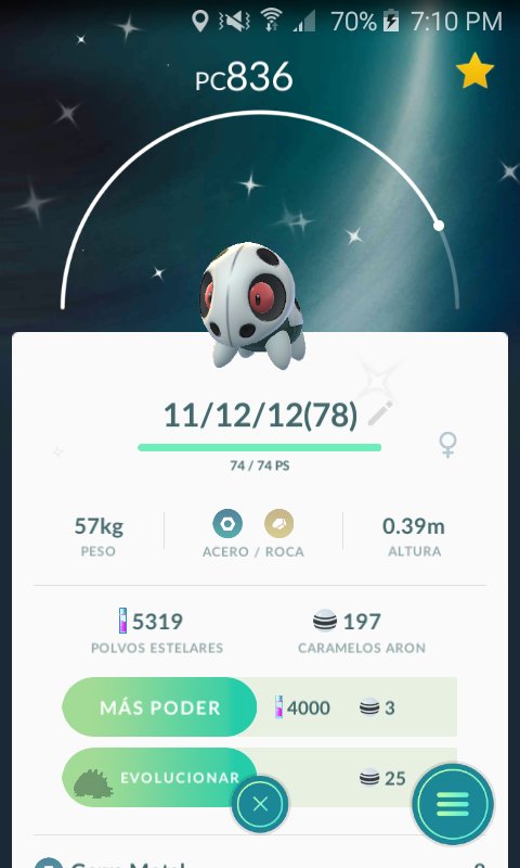 Dragoscorpius's tweet photo. #Aron capturado ayer, me dan ganas de evolucionarlo, pero resistiré pues sus IVs no son los mejores #PokémonGO https://t.co/1WzTynlkIA