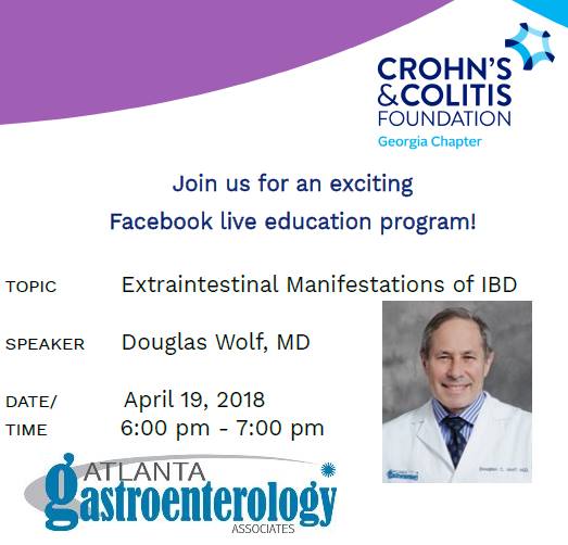 Join us tonight from 6:00 - 7:00 pm to watch Facebook LIVE Education Program: Extraintestinal Manifestations of IBD w/ Dr. Doug Wolf. Ask questions and hear about what this is and how to treat it. Join us by going to our FB page here: bit.ly/2J9MIvT