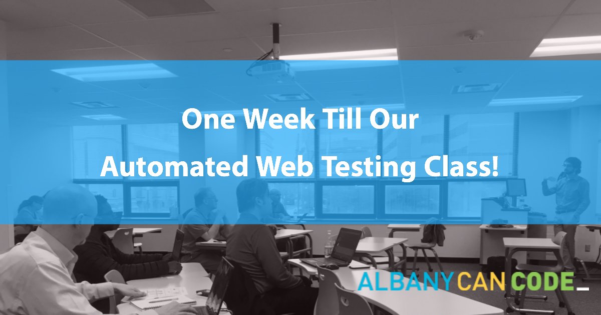 AlbanyCanCode's tweet image. The countdown begins! We’re one week away till our next Automated Web Testing Class begins on 4/26. Find out more about our offered courses here: albanycancode.org/for-students/c… #ACC #AlbanyCanCode #AutomatedWebTesting #Albany 👨‍🏫👩‍💻