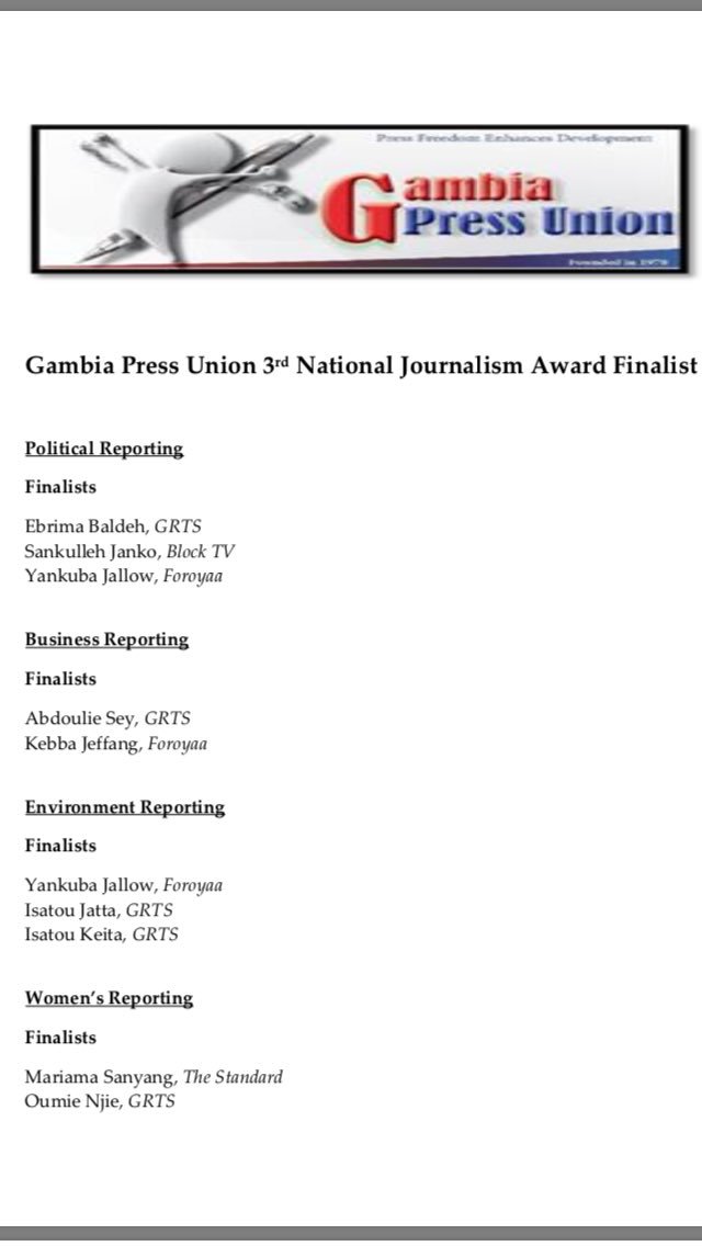 D_Kandeh's tweet photo. It's that time of the year, @gmpressunion national #JournalismAwards 2018. My students are all over the finalists shortlist...proud teacher! Congrats to all those who made it. @jaimolel @kebbajephang @sjdmnewslab @majacgm https://t.co/JflARQATku