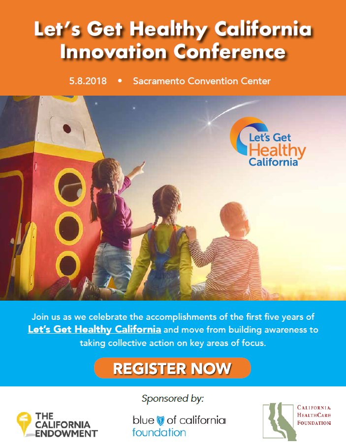 CAgetsHEALTHY's tweet photo. Don't miss it! Register for the 2018 Let's Get Healthy California Innovation Conference today! Follow this registration link to secure your spot: https://t.co/SI6y4v7yup https://t.co/NkovHnrgRU