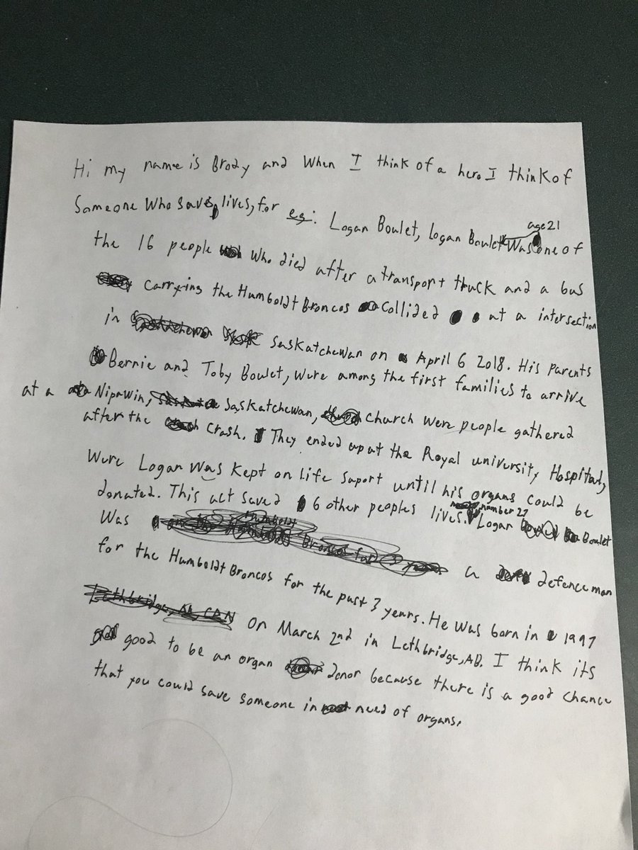 nicolek1985's tweet photo. Brody decided to write and speak about Logan Boulet for his classes everyday heroes #broncostrong #humboldtsrong #PrayersForHumboldt https://t.co/3isuZEgBRg