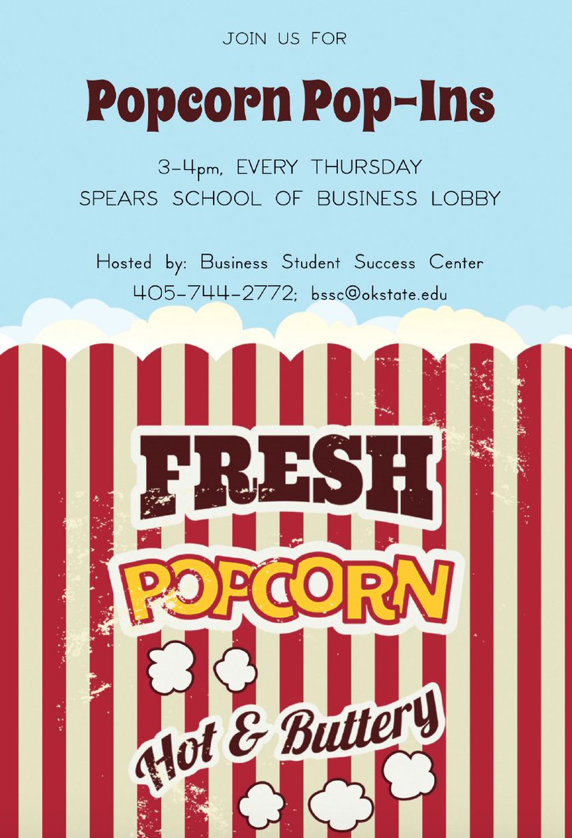 SpearsBusiness's tweet photo. Popcorn Pop-Ins from 3-4 p.m., in the lobby today! #popcornthursday #okstate #spearsbusiness 
https://t.co/K0sj18Xx5U https://t.co/hH9ZFRMlpC