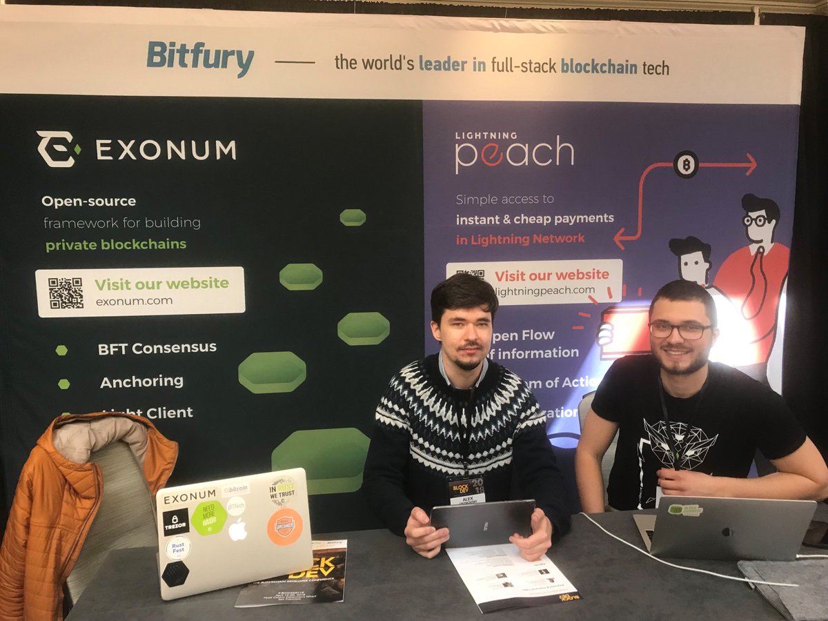BitfuryGroup's tweet photo. Be sure to stop by our booth at #BlockDev18 to learn more about #Exonum, our framework for private blockchains, and #LightningPeach, a third-layer protocol for the Lightning Network. https://t.co/umrnDmmbdj