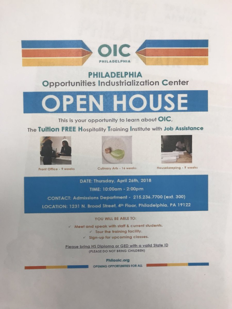 PASCEPTemple's tweet photo. The Opportunities Industrialization Centerโs Open House ... Learn more about #tuitionfree Hospitality Training on April 26th. #pasceptemple #oicphilly https://t.co/RdDDBiJCgX