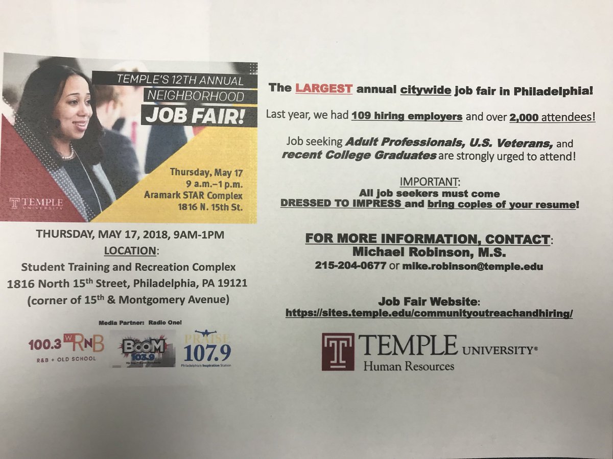 PASCEPTemple's tweet photo. JOB FAIR JOB FAIR JOB FAIR 🗣🗣‼️ You don’t want to miss it. May 17th @ 9am. Led by the Student Training and Recreation Complex. #pasceptemple #templeuniversity #jobopportunities #phillyjobfair #templejobfair #phillycareers https://t.co/E5EB1ct3Oh