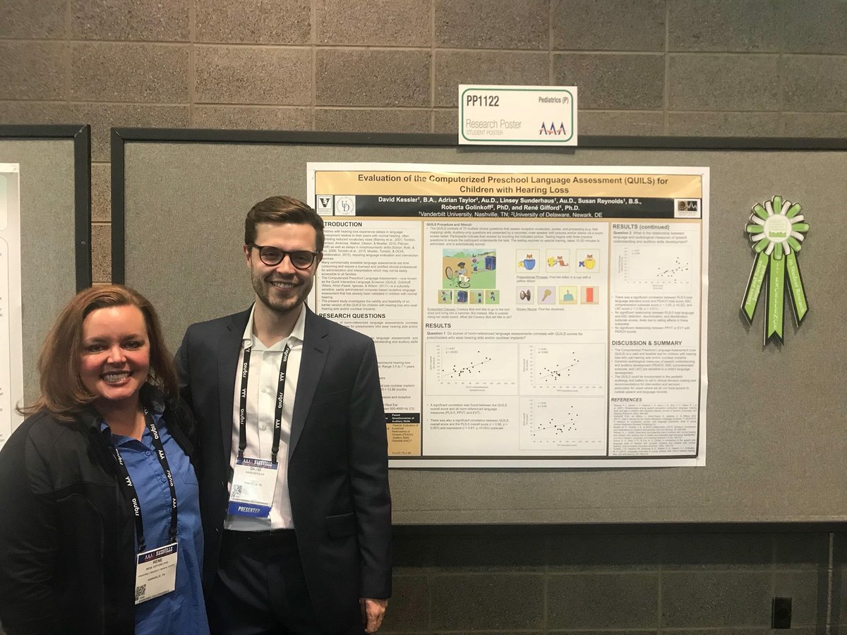 IHEARLAB's tweet photo. Big congratulations to two #AuDStudents from our lab, David Kessler and Jillian Roberts for winning the James & Susan Jerger Award for Excellence in Student Research at #AAAConf18! #research #cochlearimplants @VUMChealth @VUSM @rhgifford https://t.co/0VcAxaTK77