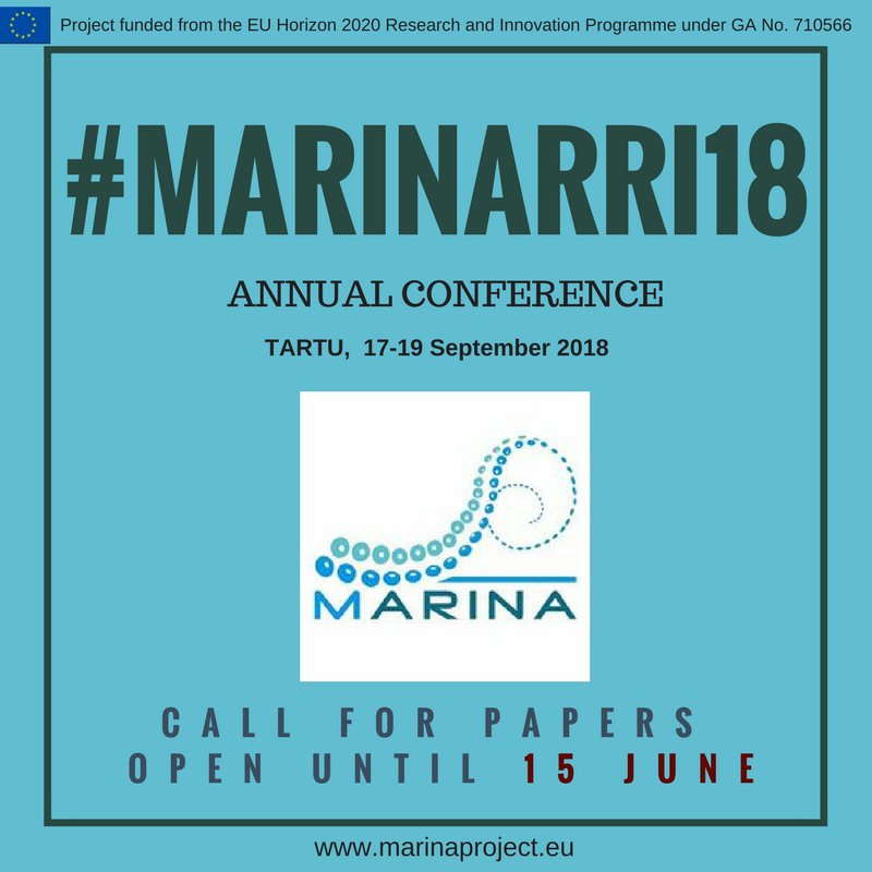 EUMarinaRRI's tweet photo. 🔊Happy to announce that our Annual MARINA Conference #MARINARRI18 - CALL FOR PAPERS is now open! Submit by 15 June and join us in Tartu to advance #RRI in #Science #Innovation and Society #H2020 -> https://t.co/rxfpwcmCQ5 https://t.co/qXSYS7DDdR