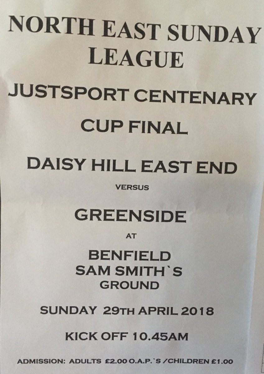 Forthcoming 
North East Sunday League Cup Finals coming soon including teams. 
<a href="/FCDaisyhill/">Daisy Hill FC</a> 
<a href="/GreensideFC/">Greenside F.C</a> 
<a href="/FCTrentHouse/">FC Trent House</a> 
Wallsend Town
<a href="/FosseFC1/">Fosse F.C</a> 
<a href="/WalkerJubileeFC/">Walker Jubilee FC</a> 
⚽️🏆⚽️🏆⚽️👇