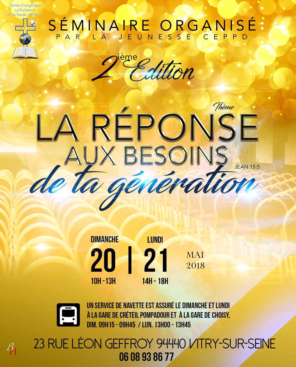 PPJ_Christ's tweet photo. A vos agendas ! 
L’édition 2 du séminaire jeunesse, sous le thème de « La réponse aux besoins de ta génération » [Jean 15:5] aura lieu le : - Dimanche 20 Mai 2018 et Lundi 21 Mai 2018
Au 23, rue Léon Geffroy - 94400 Vitry-sur-Seine

#CEPPD #SJ2 https://t.co/mJlhQ4Fx1X