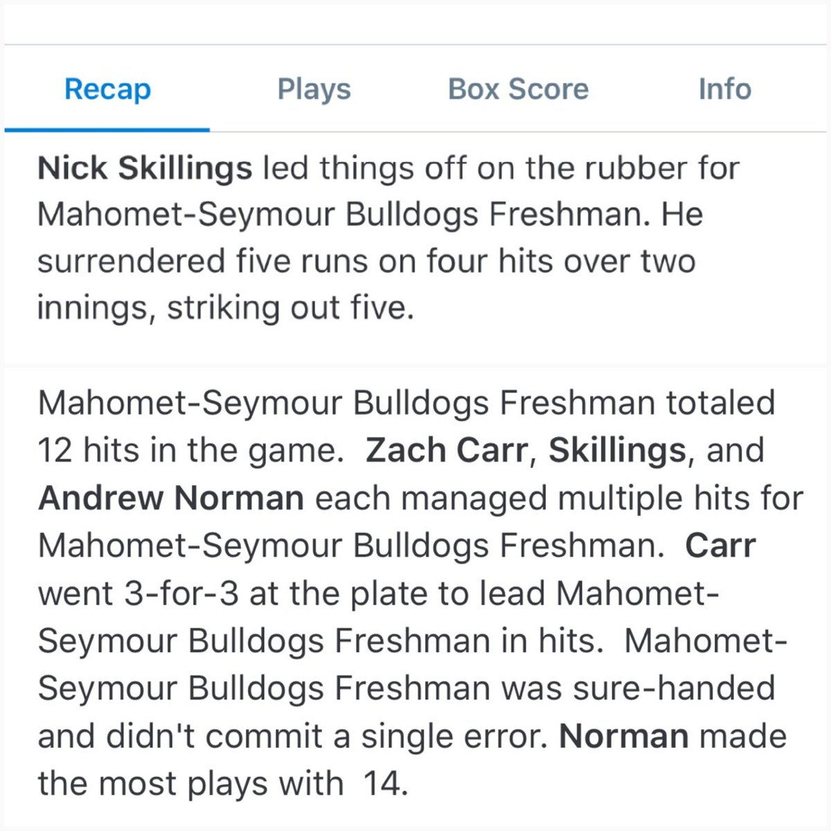 2021 Braves Nick Skillings, Zach Carr and Andrew Norman (Mahomet Seymour) have big day in a 15-11 win over Normal West.